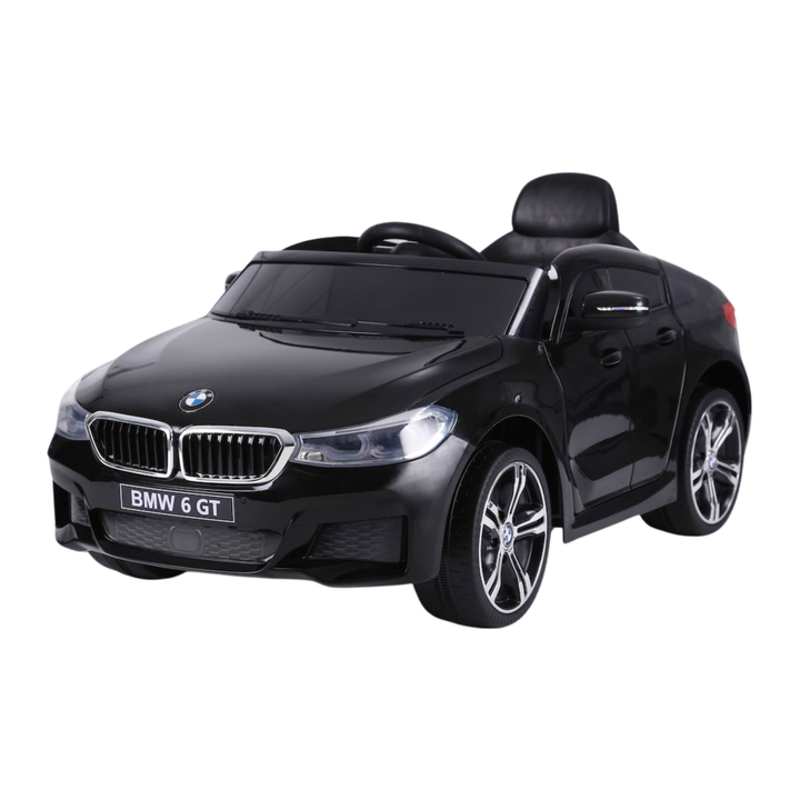 BMW 6GT Elektroauto für Kinder schräg von vorne in Schwarz