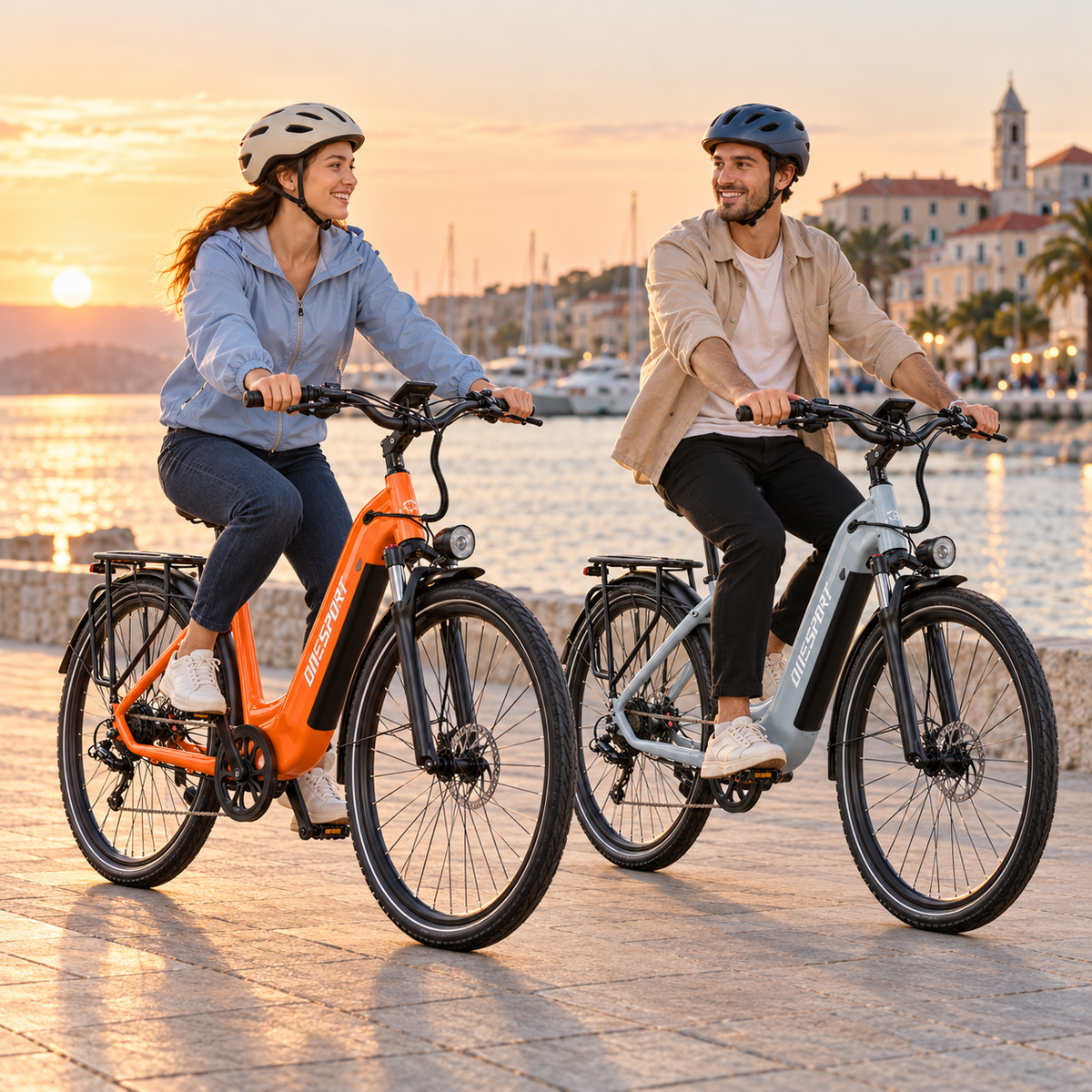 Zwei Personen fahren ein orangefarbenes und ein hellgraues OneSport OT05 Max an einem Kai im Sonnenuntergang