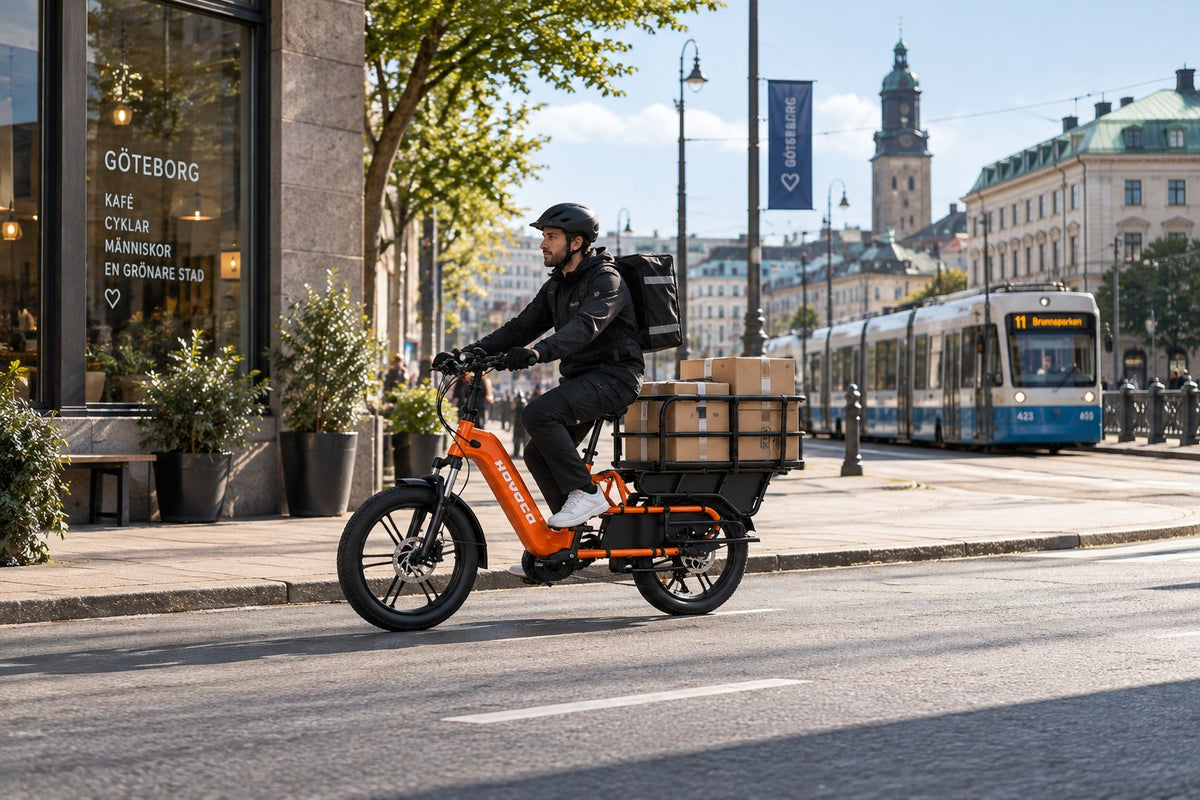 Kurier liefert Pakete mit einem HOVSCO E-Lastenrad in Göteborg