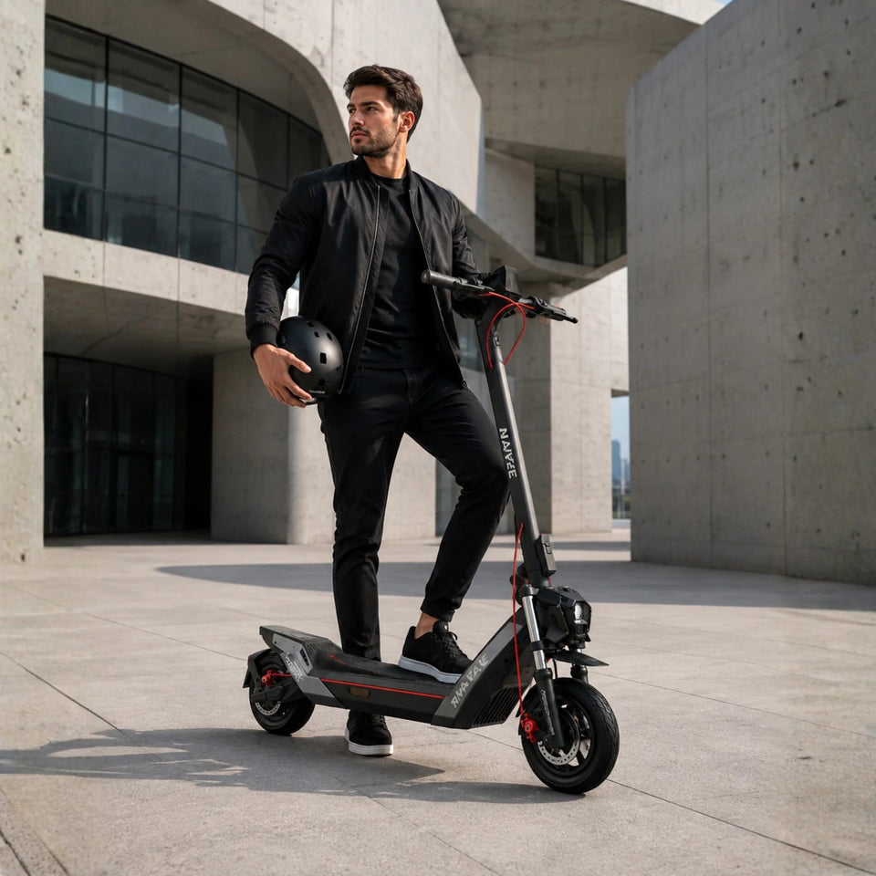 E-Scooter von Wheelyshop – NAVEE E-Scooter vor moderner Architektur