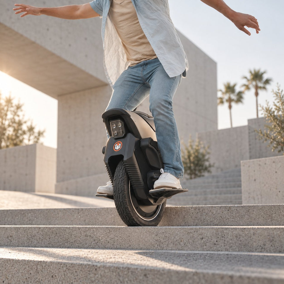 Elektrisches Einrad von Wheelyshop – Fahrer balanciert bei Sonne eine Betontreppe hinunter