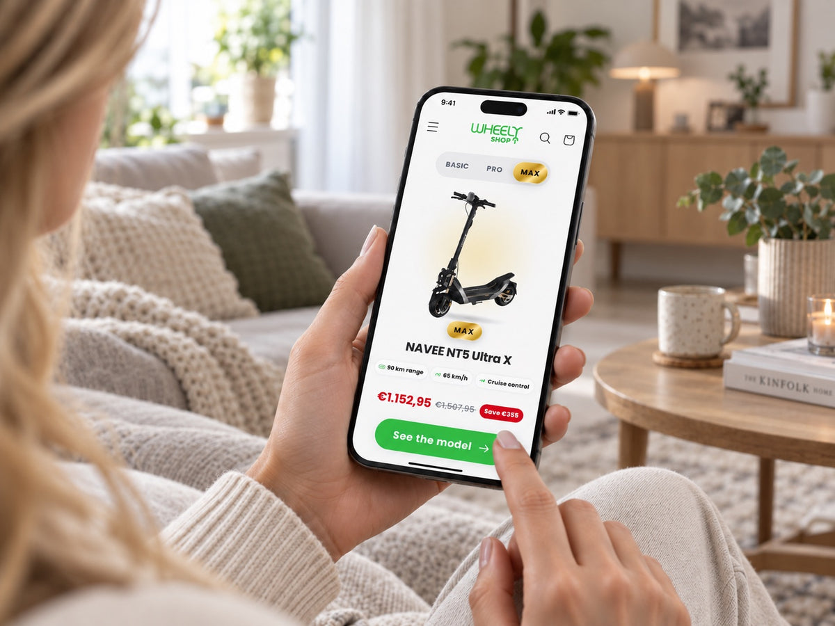 Kundin bestellt einen E-Scooter im mobilen Wheelyshop – jede Bestellung pflanzt einen Baum