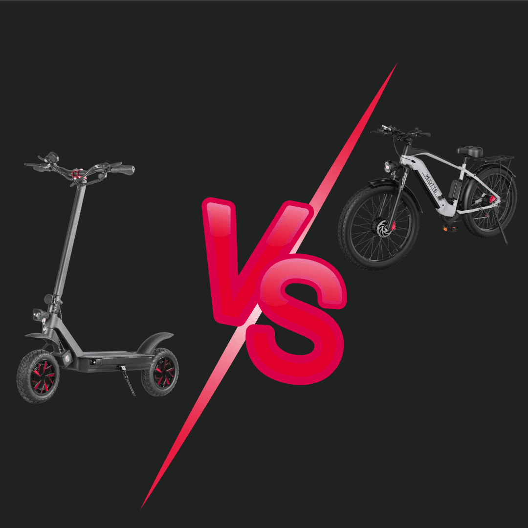 E-Scooter und Fatbike-E-Bike links und rechts eines rosa VS – E-Scooter oder E-Bike?
