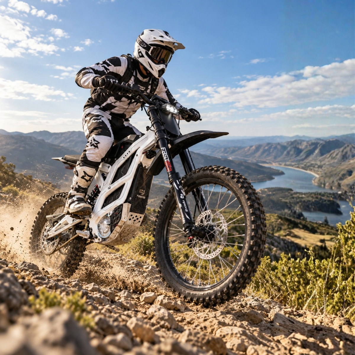Fahrer mit dem 79Bike Falcon GT Elektro-Dirtbike im Gelände