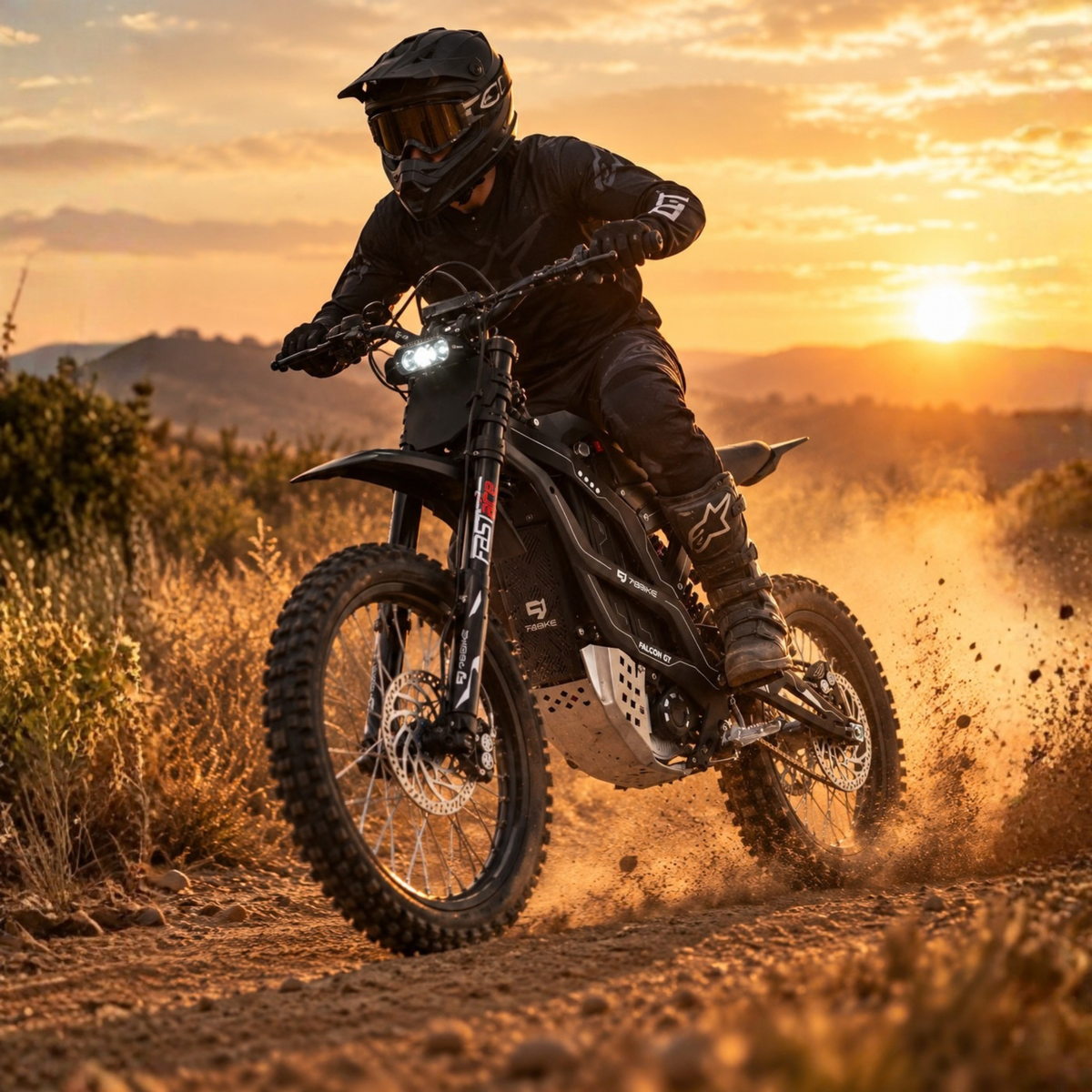 Fahrer mit dem 79Bike Falcon GT Elektro-Dirtbike im Gelände bei Sonnenuntergang