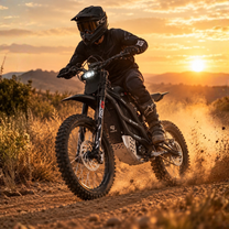 Fahrer mit dem 79Bike Falcon GT Elektro-Dirtbike im Gelände bei Sonnenuntergang