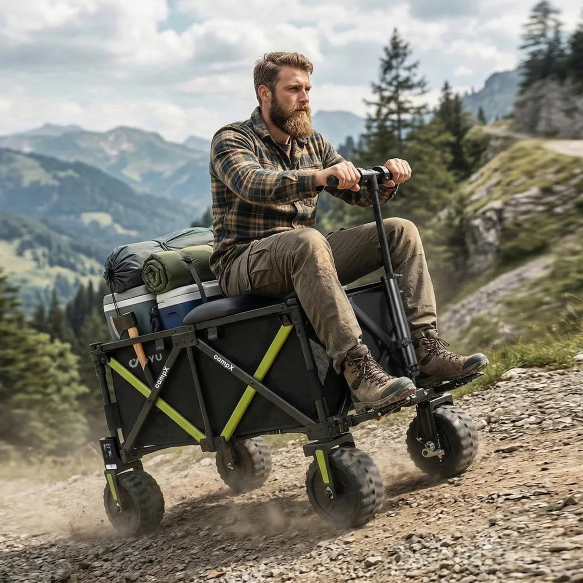 DYU CampX: Ein Mann sitzt auf dem beladenen Wagen auf einem schottrigen Bergpfad