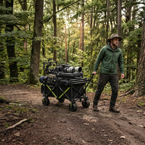 DYU CampX: Ein Mann zieht den mit Kameraausrüstung beladenen Wagen über einen Waldweg