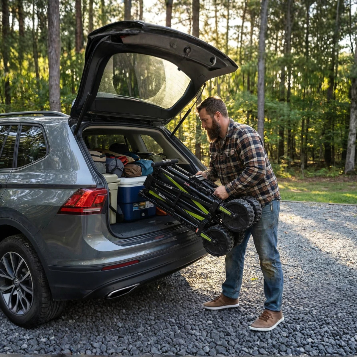 DYU CampX: zusammengeklappter Wagen vor einem geöffneten Kofferraum gehalten