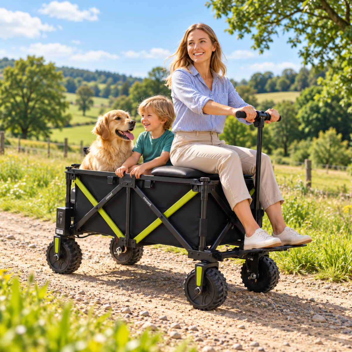 DYU CampX Wagen auf einem Schotterweg, eine Frau sitzt auf dem Sitz, ein Kind und ein Hund im Wagen