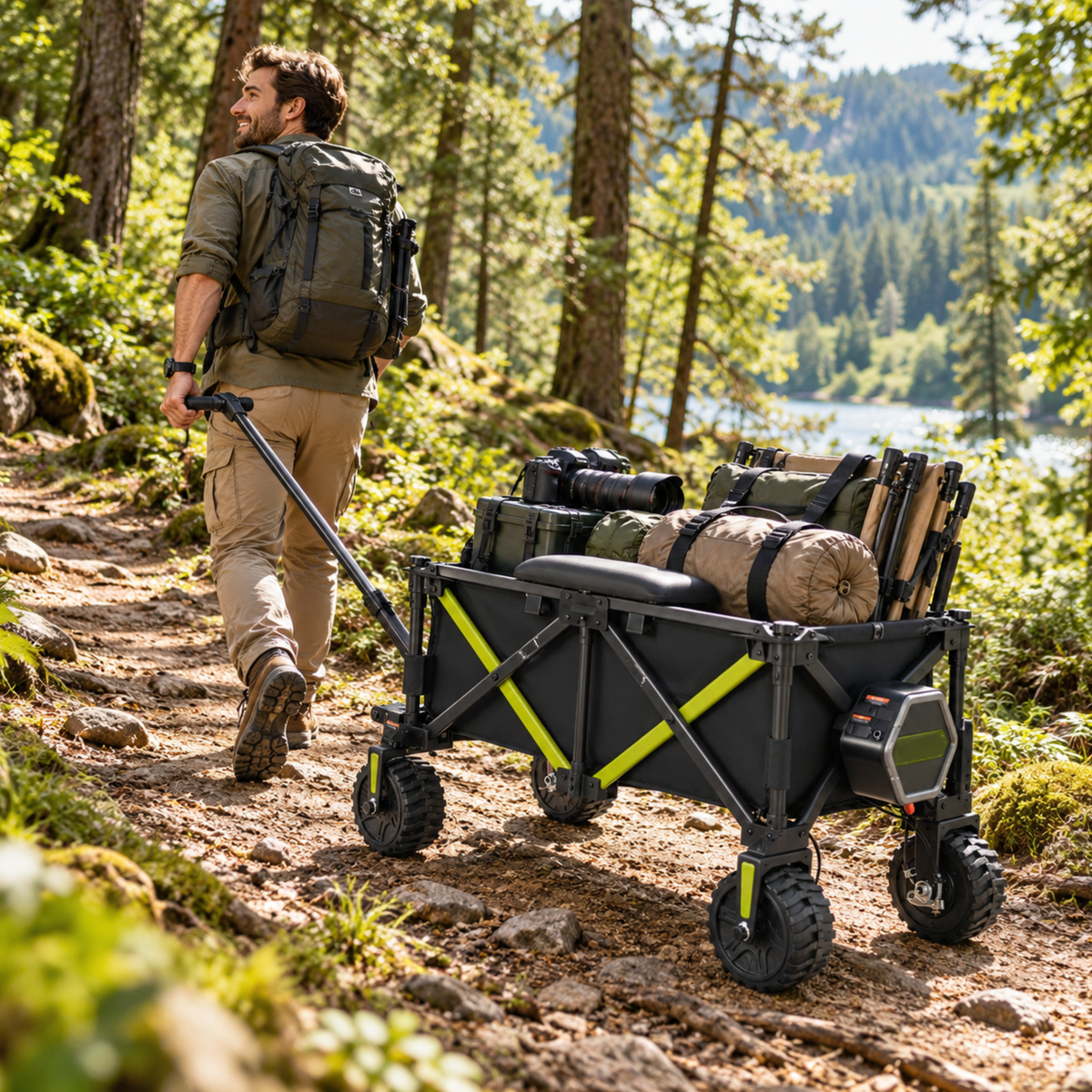 Ein Mann zieht den DYU CampX Wagen über einen Waldweg, beladen mit Outdoor-Ausrüstung