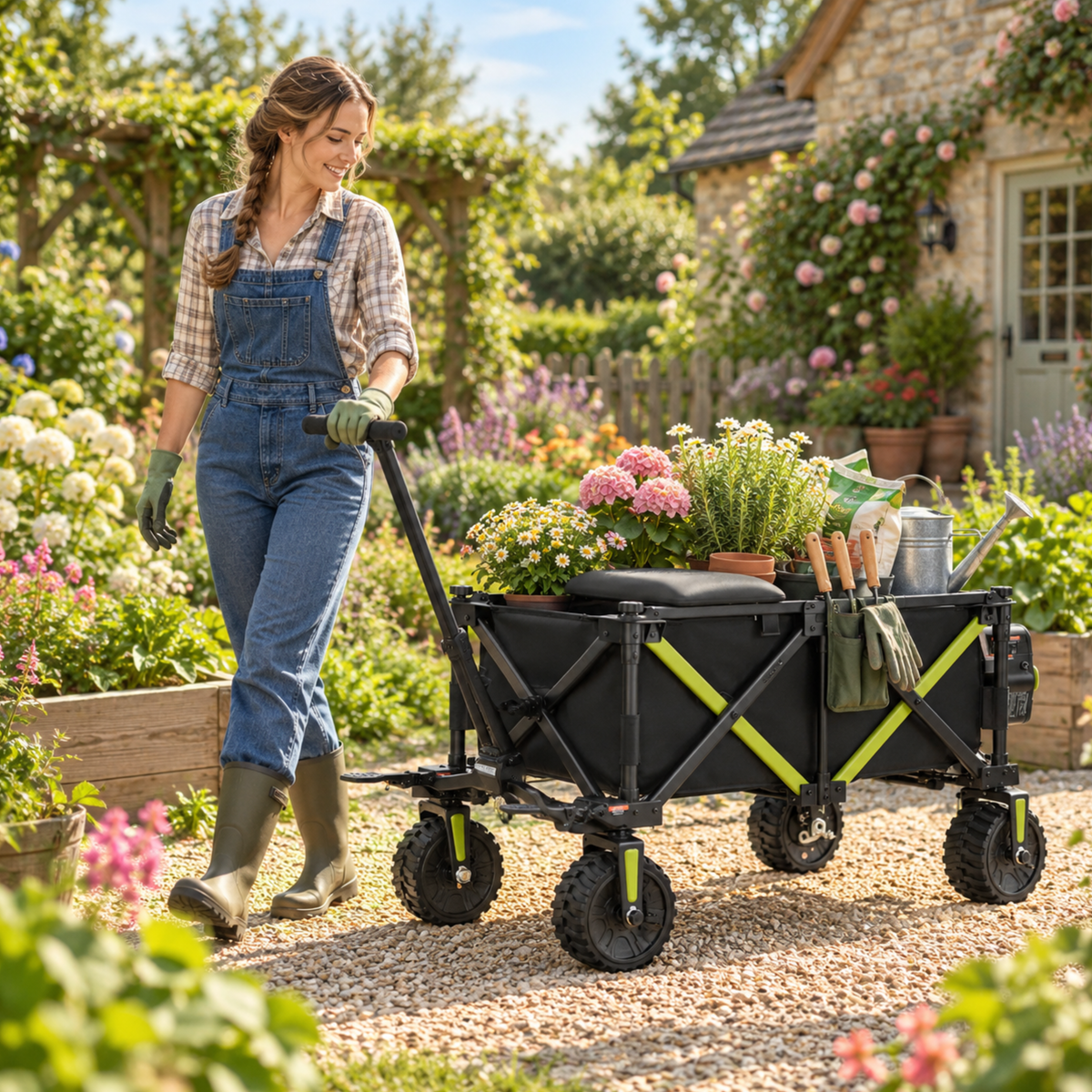 Schwarzer klappbarer DYU CampX Wagen mit grünen Details, von einer Frau durch einen Garten gezogen, beladen mit Blumen und Gartengeräten