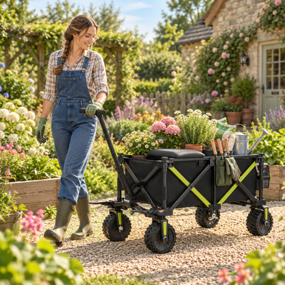 Schwarzer klappbarer DYU CampX Wagen mit grünen Details, von einer Frau durch einen Garten gezogen, beladen mit Blumen und Gartengeräten