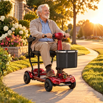 Mann sitzt auf dem EASWE M10 Elektromobil in einem Garten