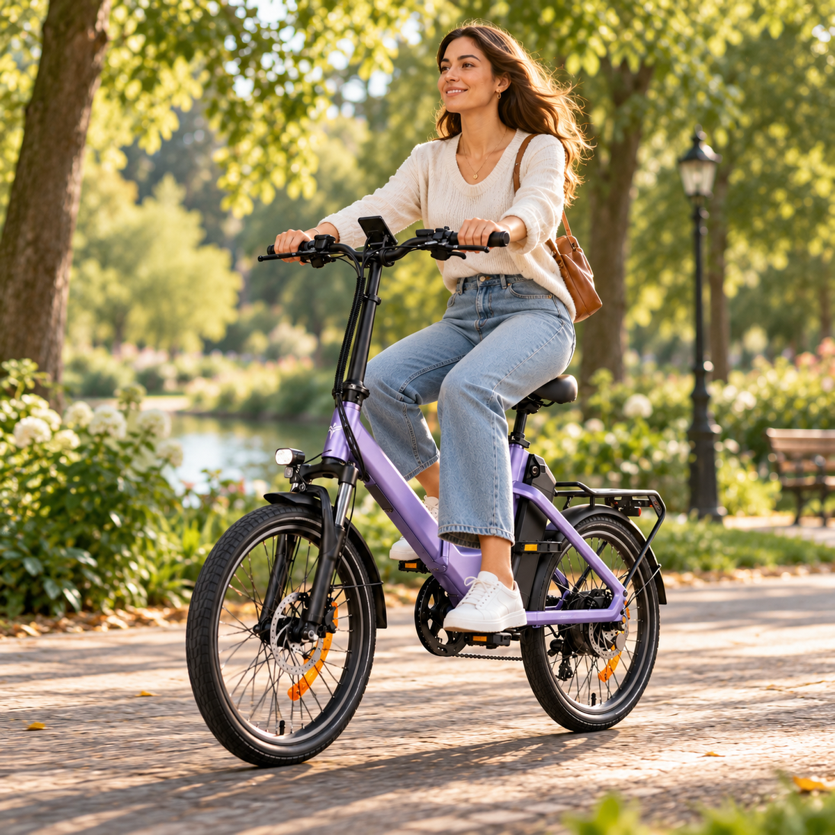 ENGWE O20 Boost, lila E-Bike, mit dem eine Frau auf einem Parkweg fährt, Seitenansicht