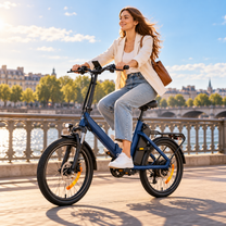 ENGWE O20 Boost, blaues E-Bike in Seitenansicht mit einer Frau, die an einem Fluss entlangfährt