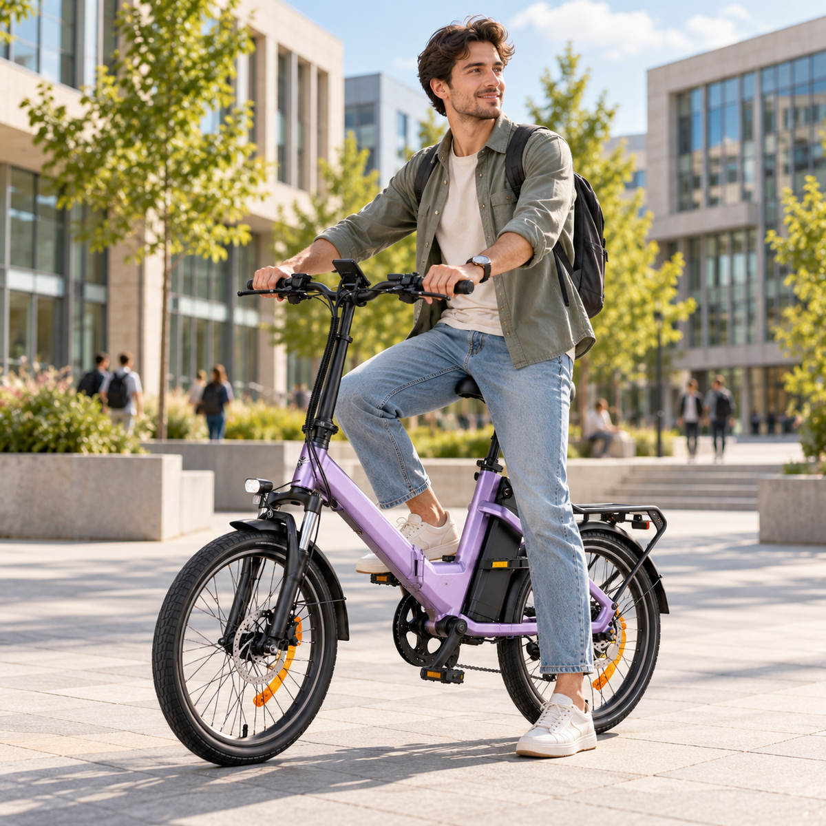 ENGWE O20 Boost, lila E-Bike in Seitenansicht mit einem Mann, der auf einem Platz auf dem Rad sitzt
