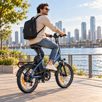 ENGWE O20 Boost: Mann mit Rucksack fährt auf einem blauen E-Bike eine Uferpromenade entlang, im Hintergrund die Skyline der Stadt