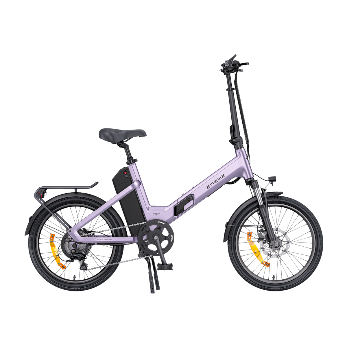 ENGWE O20 Boost E-Bike in Lila, Seitenansicht, mit schwarzem Sattel, Akku im Rahmen, Gepäckträger und Schutzblechen