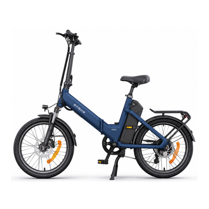 ENGWE O20 Boost E-Bike, blau, Seitenansicht mit Akku im Rahmen und Gepäckträger