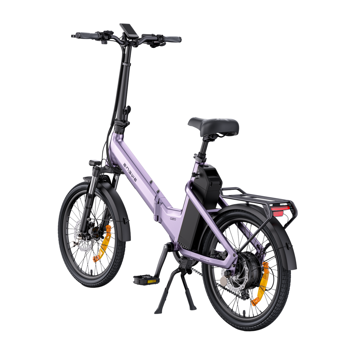 ENGWE O20 Boost lila E-Bike schräg von hinten mit Akku, Gepäckträger und Seitenständer