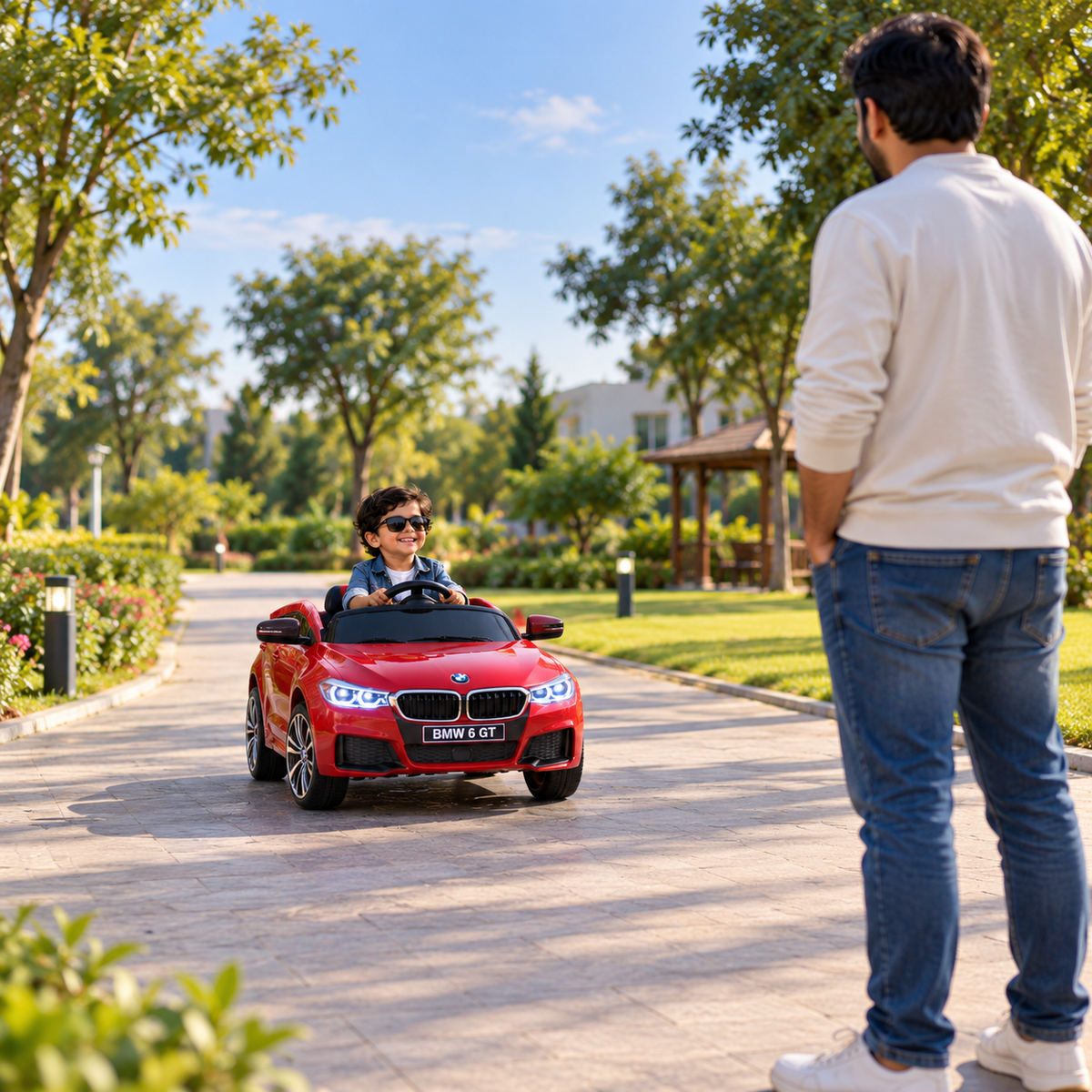 Kind fährt das BMW 6GT Elektroauto für Kinder, ein Erwachsener daneben in Rot