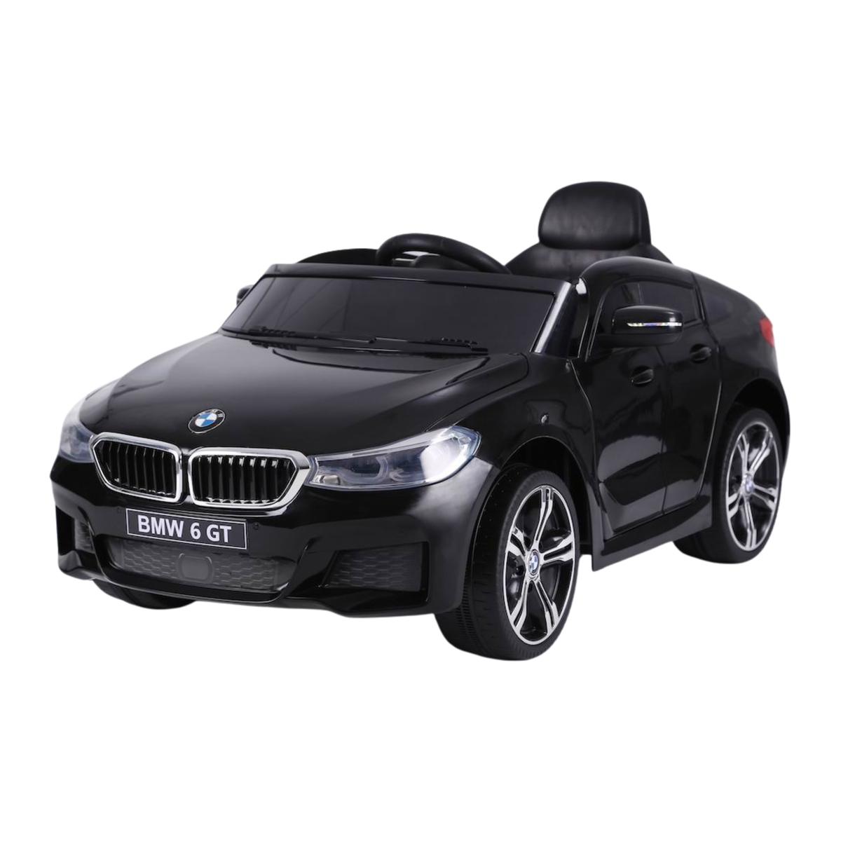 BMW 6GT Elektroauto für Kinder schräg von vorne in Schwarz