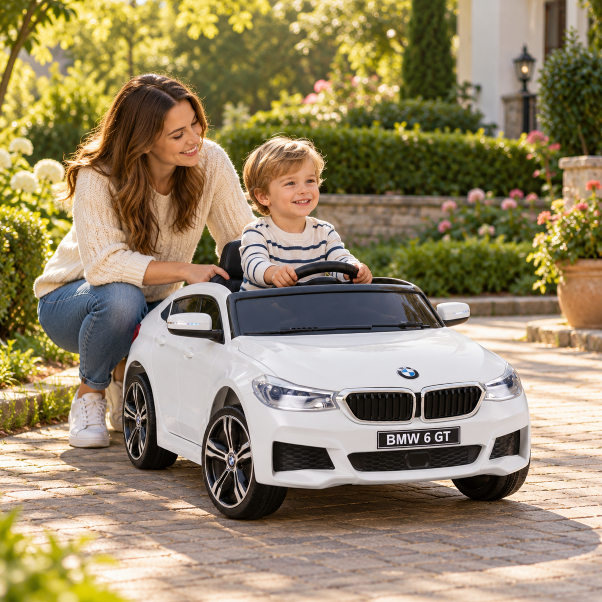 Kind fährt das BMW 6GT Elektroauto für Kinder, ein Erwachsener daneben