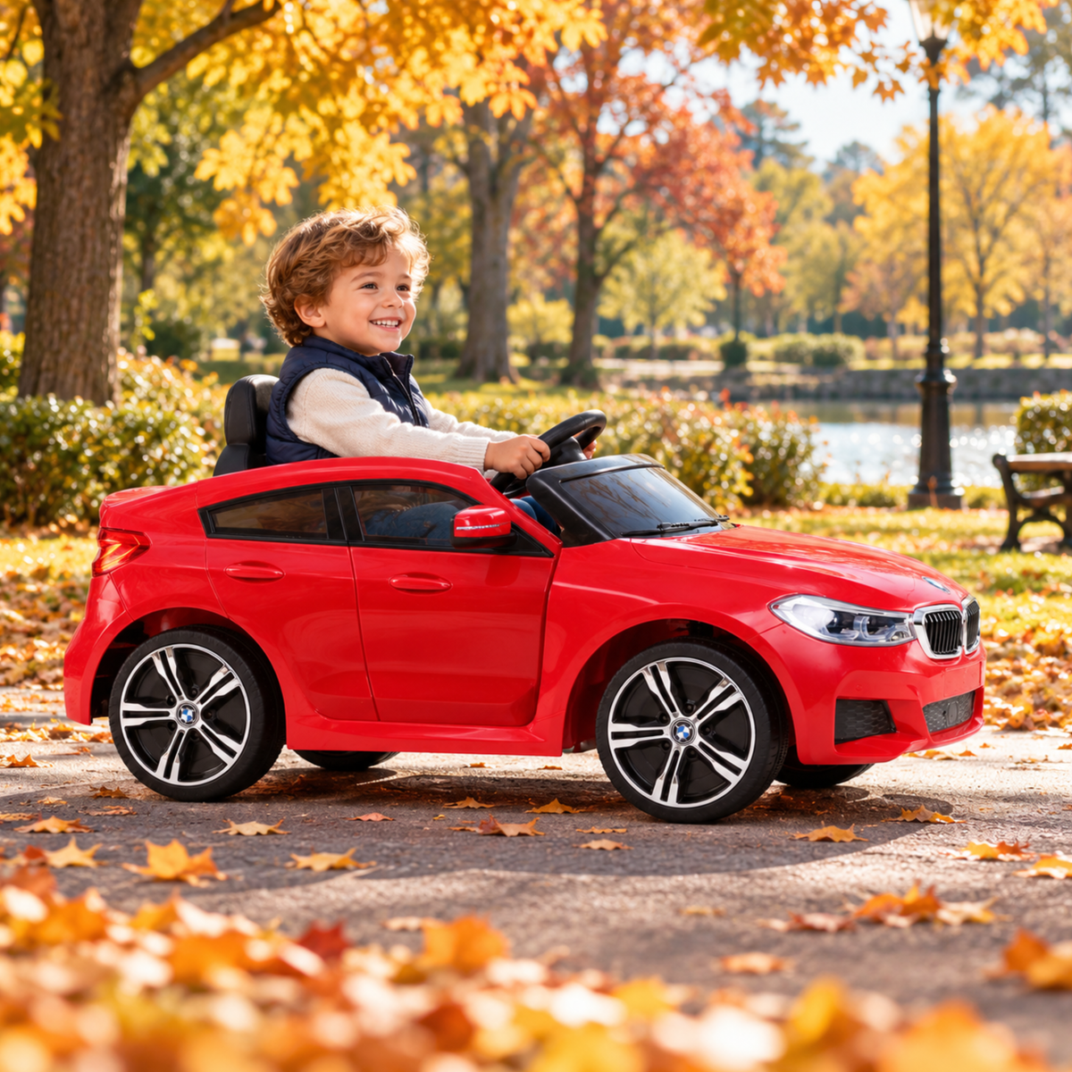 Kind fährt das BMW 6GT Elektroauto für Kinder in einem Park