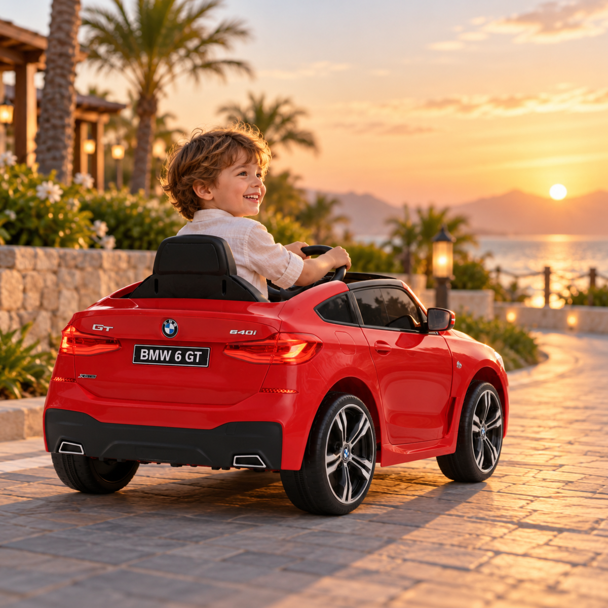 Kind fährt das BMW 6GT Elektroauto für Kinder am Meer