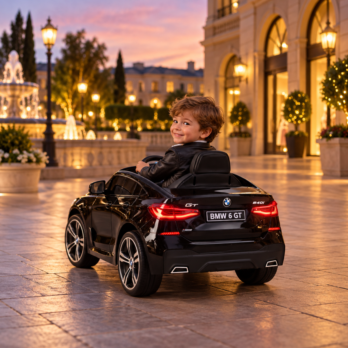 Kind fährt das BMW 6GT Elektroauto für Kinder bei Sonnenuntergang