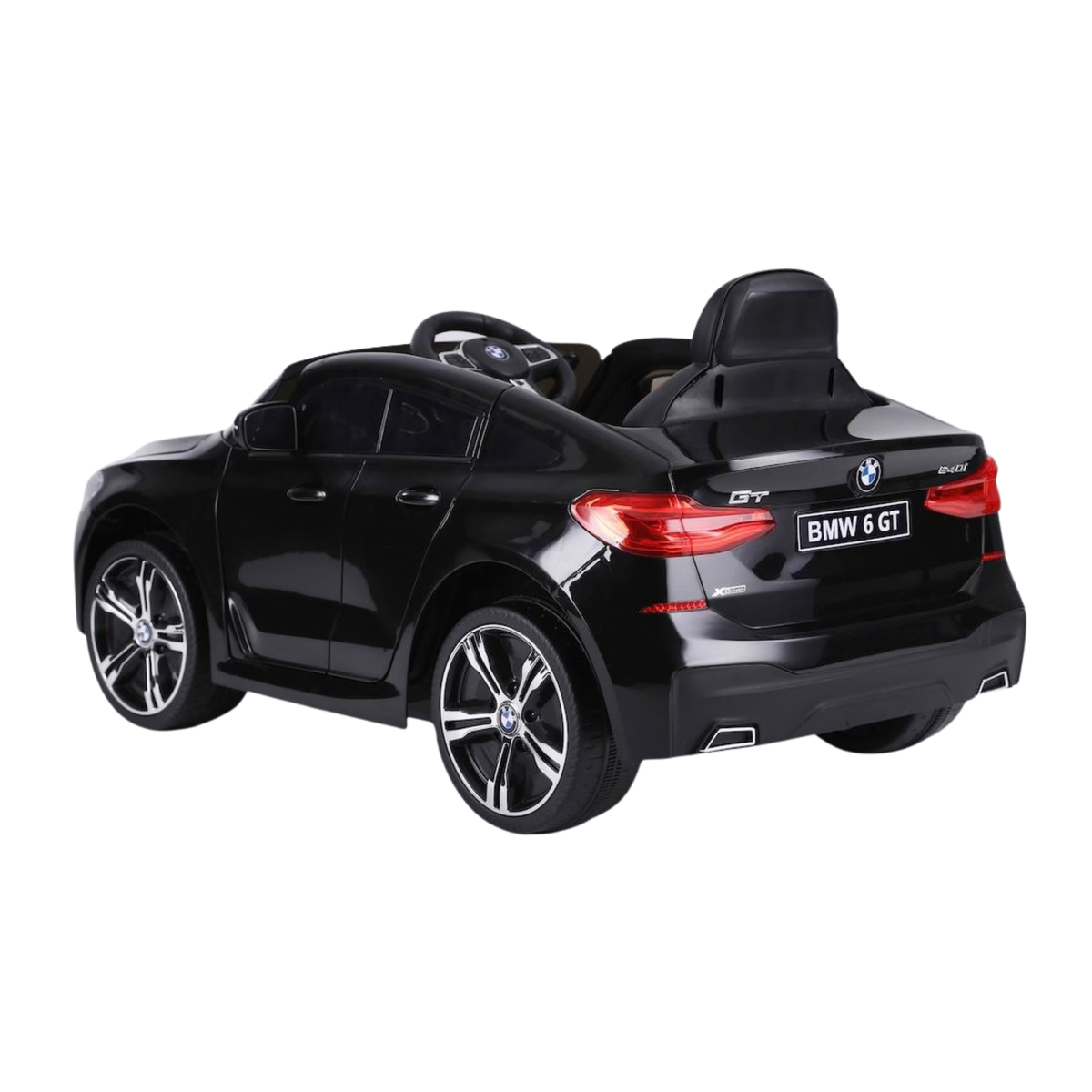 BMW 6GT Elektroauto für Kinder schräg von hinten in Schwarz