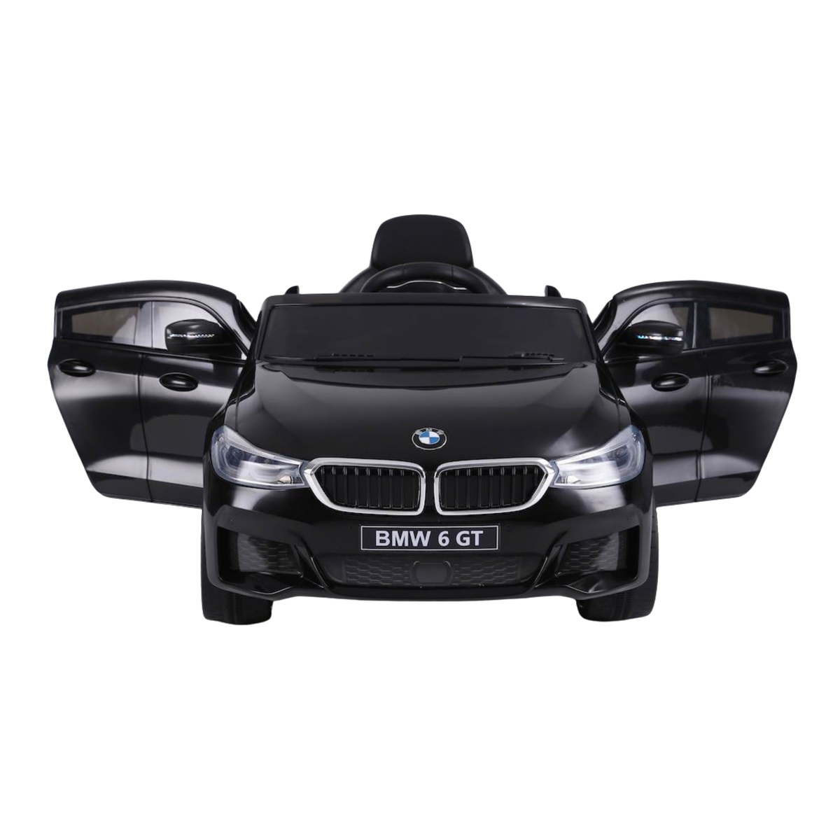 BMW 6GT Elektroauto für Kinder mit geöffneten Türen in Schwarz