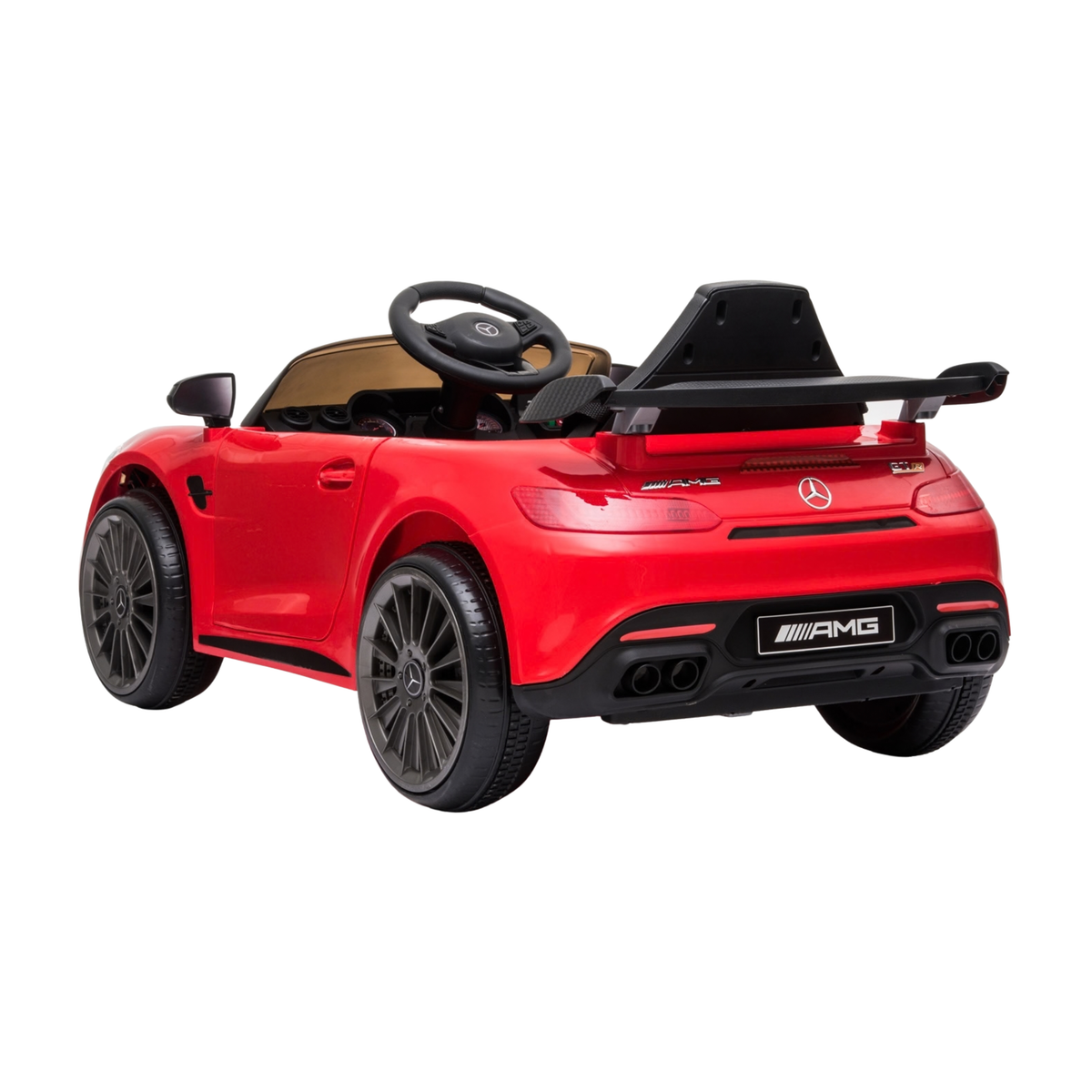 Mercedes AMG GT Elektroauto für Kinder schräg von hinten in Rot