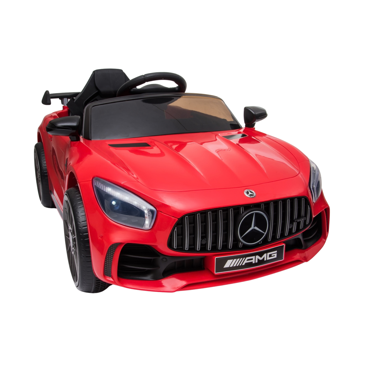 Mercedes AMG GT Elektroauto für Kinder schräg von vorne in Rot