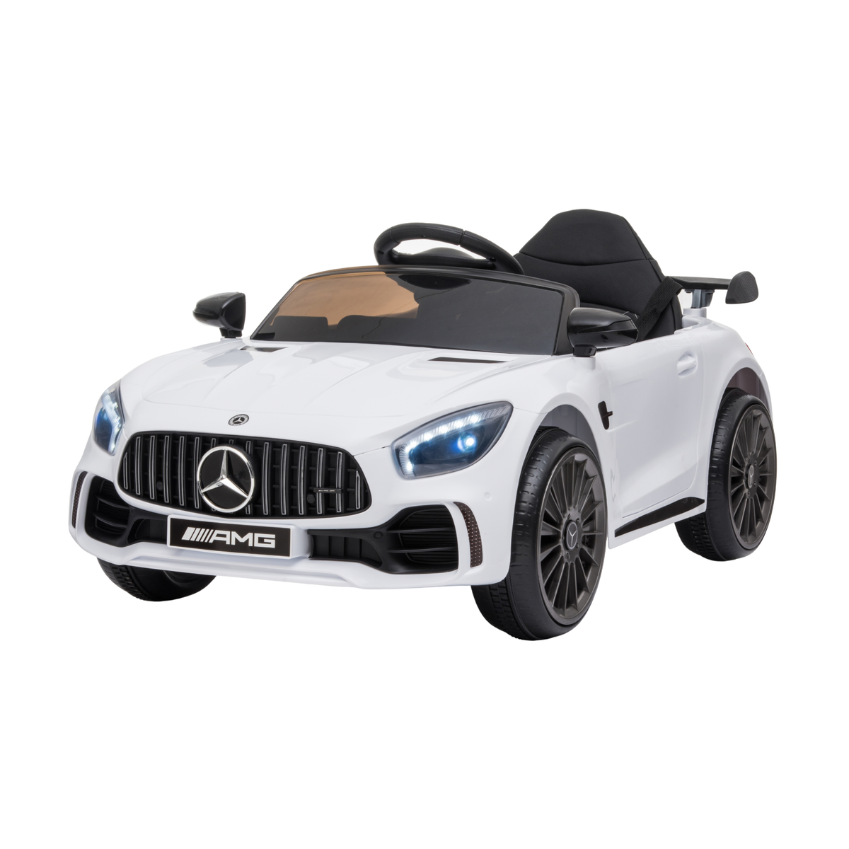 Mercedes AMG GT Elektroauto für Kinder schräg von vorne in Weiß