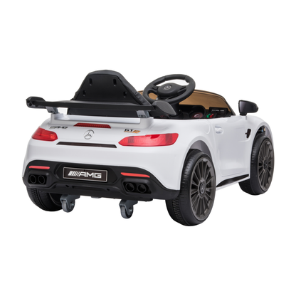 Mercedes AMG GT Elektroauto für Kinder schräg von hinten in Weiß