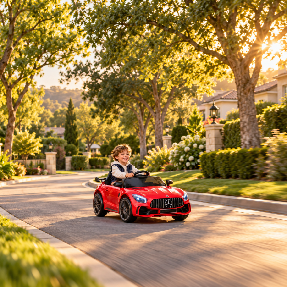 Kind fährt das Mercedes AMG GT Elektroauto für Kinder in einem Park