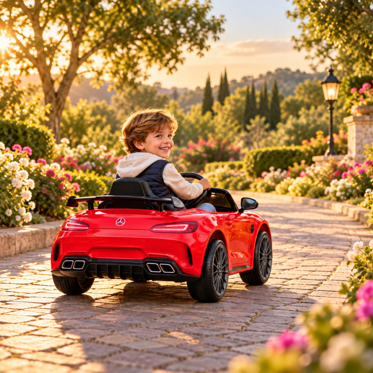 Kind fährt das Mercedes AMG GT Elektroauto für Kinder in Rot in einem Park