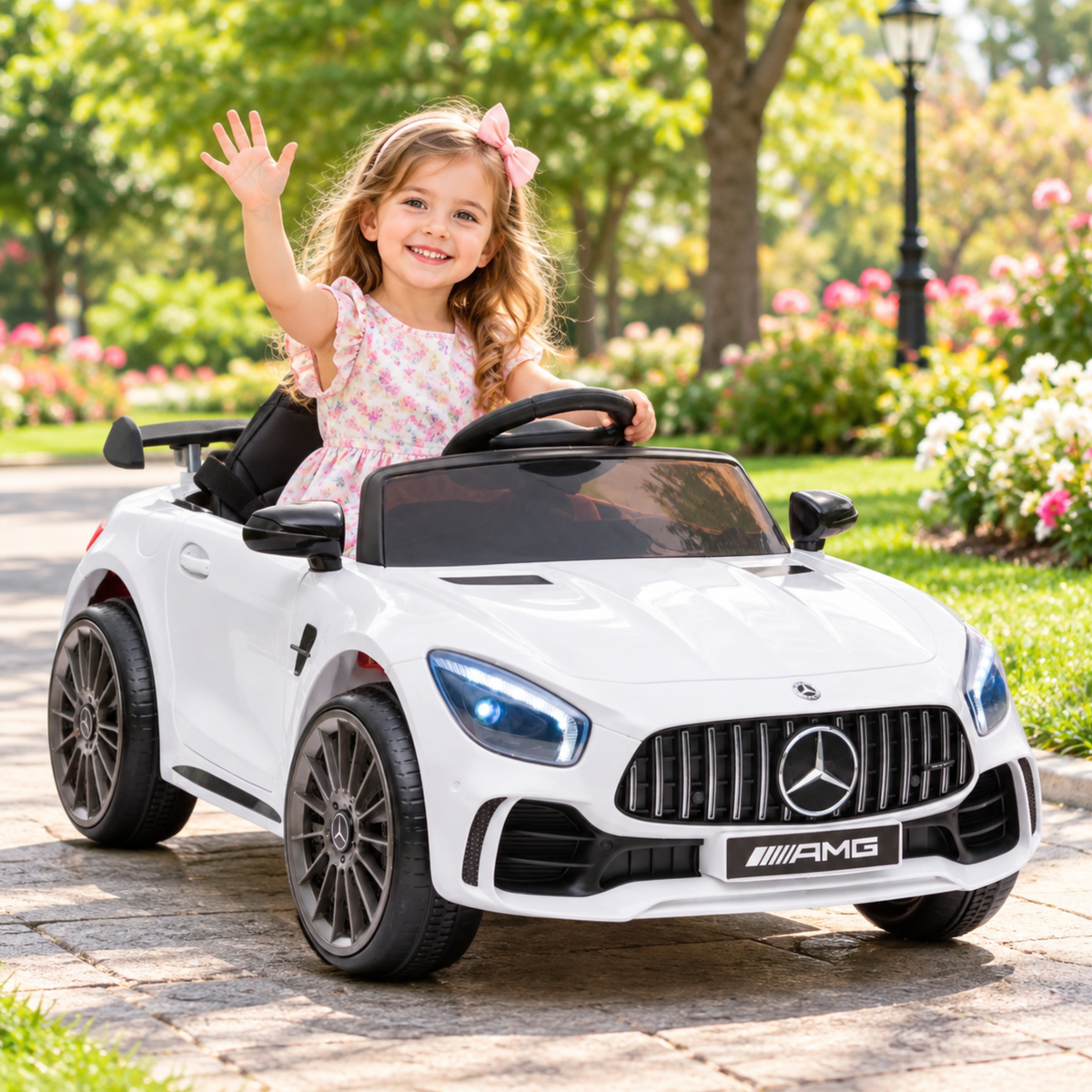 Kind fährt das Mercedes AMG GT Elektroauto für Kinder in Weiß in einem Park