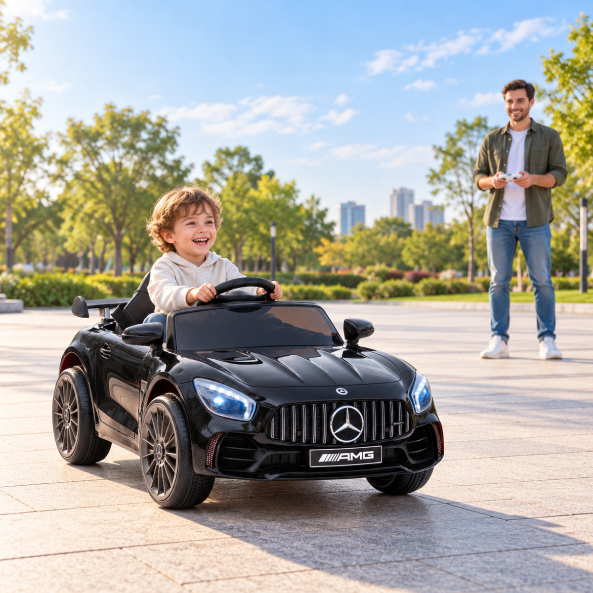 Kind fährt das Mercedes AMG GT Elektroauto für Kinder, ein Erwachsener daneben in Schwarz