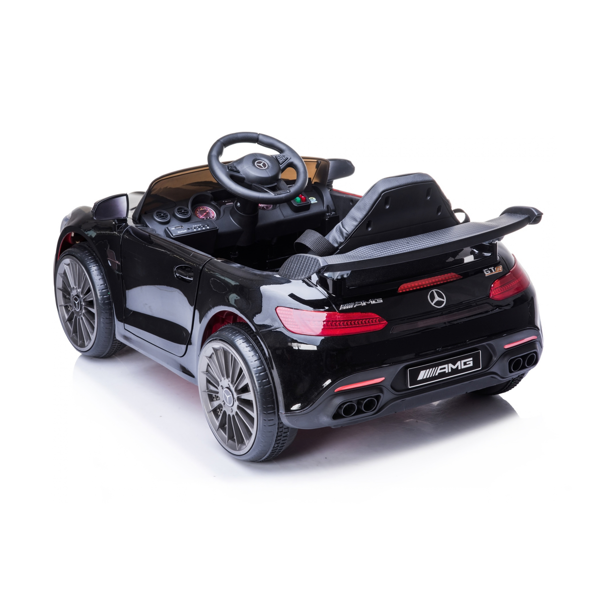 Mercedes AMG GT Elektroauto für Kinder schräg von hinten in Schwarz