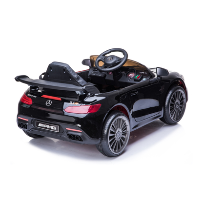 Mercedes AMG GT Elektroauto für Kinder schräg von hinten in Schwarz