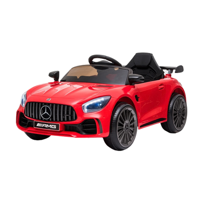 Mercedes AMG GT Elektroauto für Kinder schräg von vorne in Rot