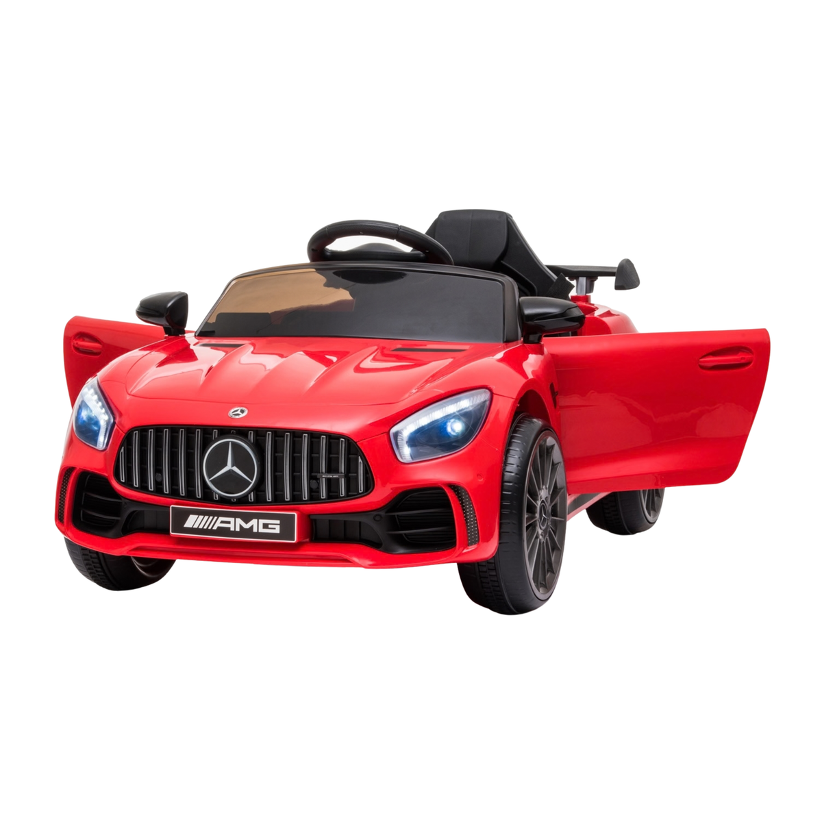 Mercedes AMG GT Elektroauto für Kinder mit geöffneten Türen in Rot