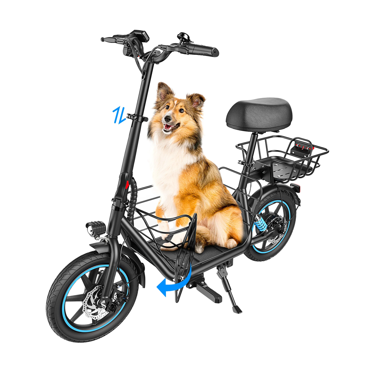 GYROOR C1 Plus in Schwarz mit Sattel, hinterem Korb und blauen Felgen, ein Hund sitzt auf der Fußplatte