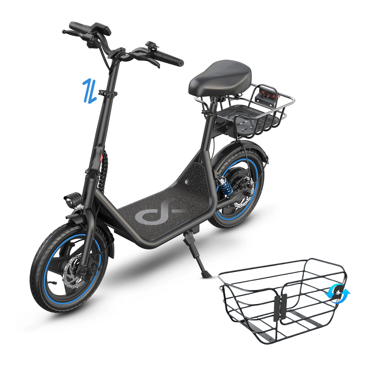 GYROOR C1 Plus von schräg vorn gesehen mit Sattel und hinterem Korb sowie einem separaten schwarzen Korb daneben