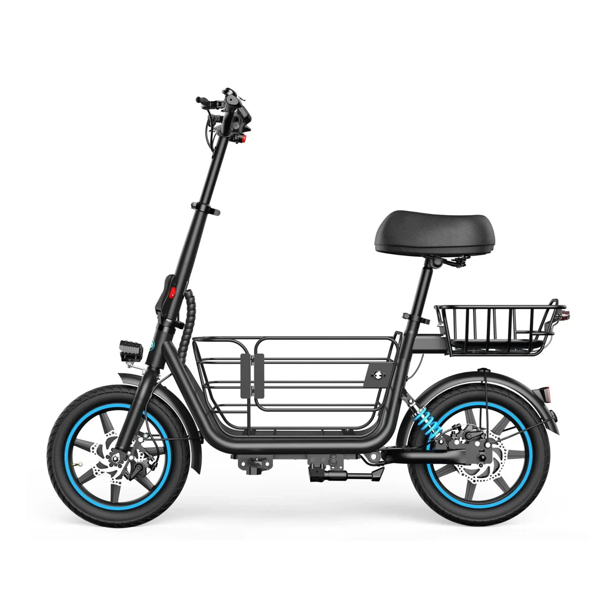 GYROOR C1 Plus von der Seite gesehen mit schwarzem Sattel, Körben vorn und hinten sowie Rädern mit blauem Felgenrand