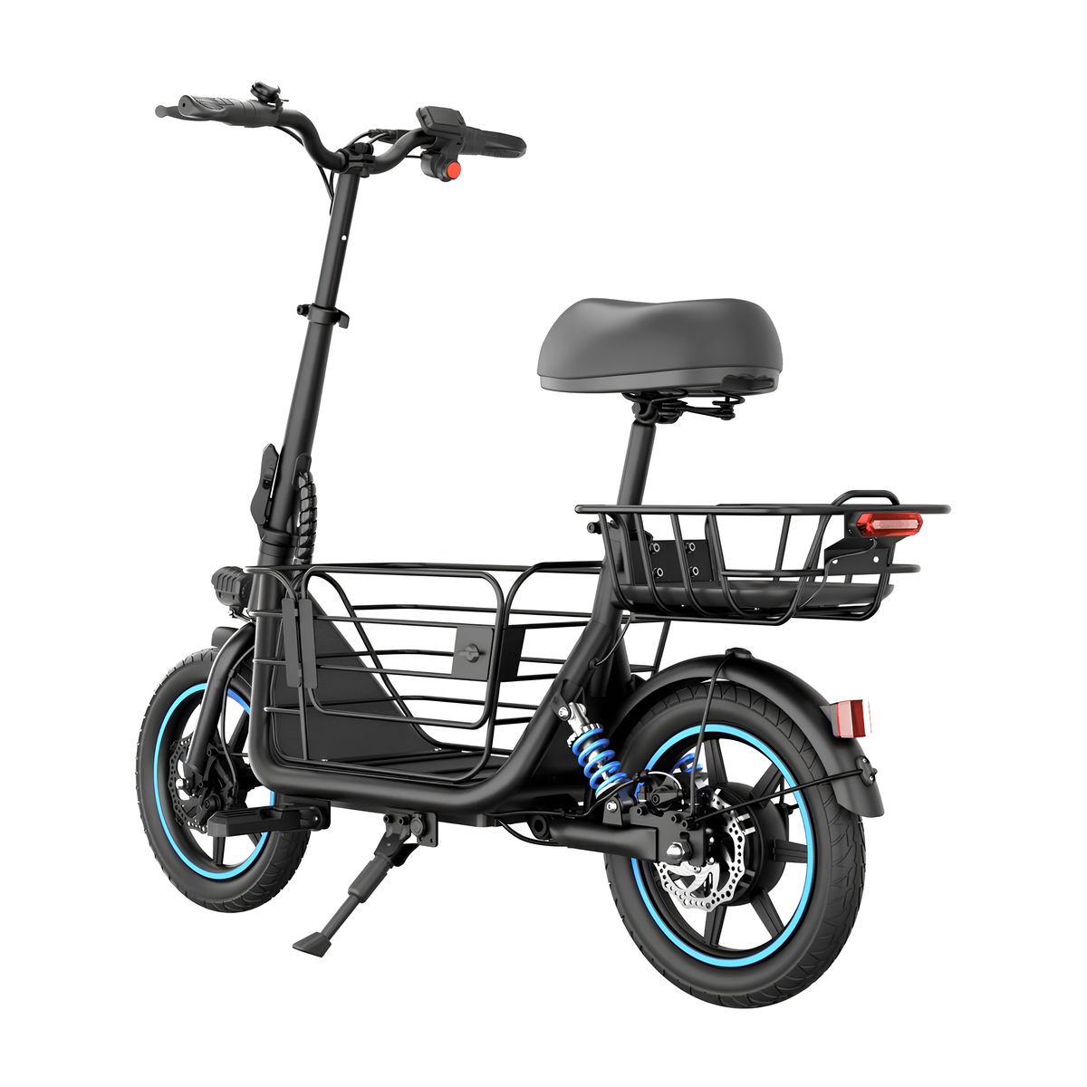 GYROOR C1 Plus von schräg hinten gesehen mit schwarzem Rahmen, Sattel, Gepäckkörben, blauen Stoßdämpfern und Seitenständer