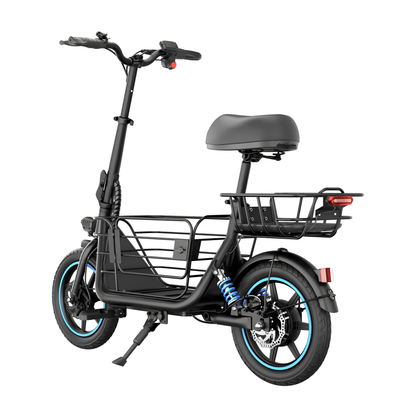 GYROOR C1 Plus von schräg hinten gesehen mit schwarzem Rahmen, Sattel, Gepäckkörben, blauen Stoßdämpfern und Seitenständer